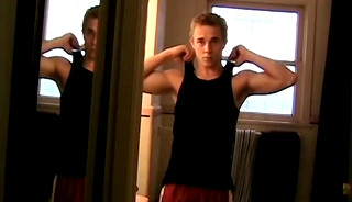 Cute blond jock Kelly Cooper tries out different underwear