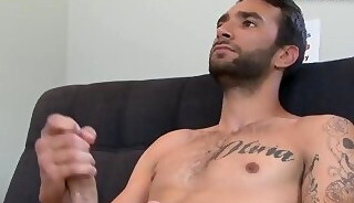 Casting inked otter solo wanking his shaft for cumshot