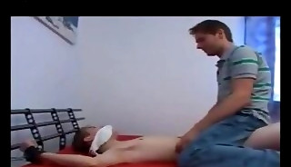 Sucked tied guy fucked at home with handjob and cumshot