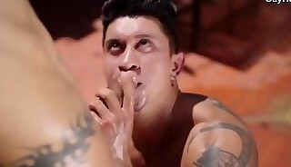 Outdoor sex. Cute slut sucking big cock, fucks bareback and gets cum on ass. Horny guys have