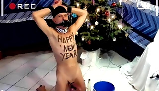 naked slave exposed housekeeping body writing HAPPY NEW YEAR bottle in ass BDSM