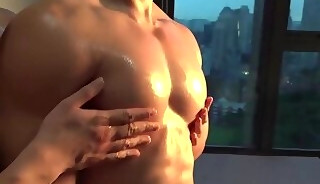 Hot Muscle Asian guy getting nipple played pec adoration muscle worship