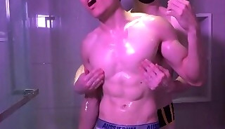 Hot guy gets nipple played nipple play pinching massage shower six pack abs