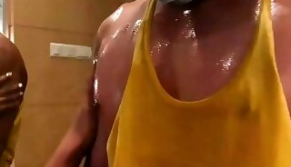 This big pec💪 guy is getting  a lovely massage🫦 on his chest to get him 🍆🔥