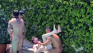 Amateur studs enjoy outdoor barebacking orgy on the pool