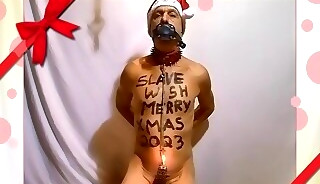 naked slave gay pig exposed handcuffed penis cage xmas greetings candle urethra BDSM CBT 2