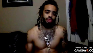 Man with a big black cock masturbating and swallows his own cum and shows his asshole in liv