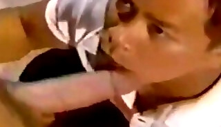 Little asian sucks big white muscular cock