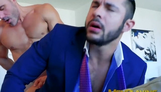 Classy gay in suit has his tight ass ravaged balls deep