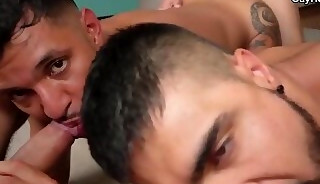 Group sex. Five horny guys have bareback anal sex. Cum on face. Gay big cock party