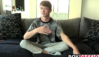 Solo dildo action for young man after giving an interview