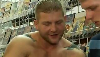 Cute vulnerable slim blond walks into a video store