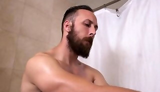 Hairy cock twink assfucked by tattooed stud in the bathtub