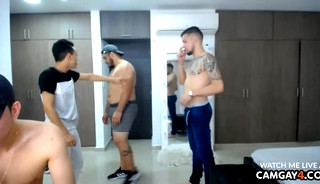 Group of handsome latinos masturbating and fucking a boy