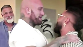 Masculine, tattoed and muscular man dominated by two men!