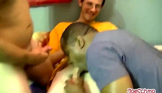 Black dude sucks a dick while stroking two other hard cocks