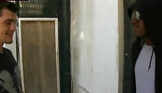 Bottom black gay filled in asshole by big white cock