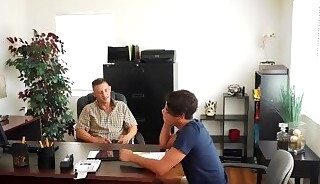 Stepson anal rides his own stepdad on top of an office desk!