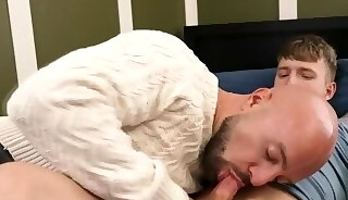 Bald stepfather fucks the ass of stepson while taking a nap