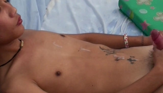 Skinny Asian pisses after cumming and getting barebacked