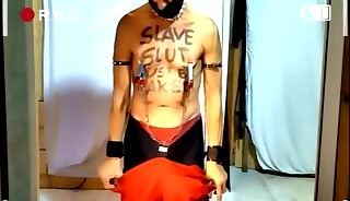 naked slave exposed striptease with dirty body writing fucktoy slut dildo in ass masturbate