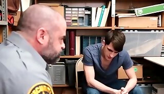 Sexy young thief sprays warm cum while being bareback fucked