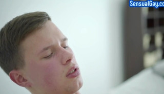 Smooth slim twink jerking off big cock after teasing body