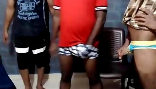 Four friends enjoy rubbing his cock