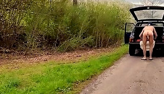 naked slave pig exposed public outdoor with penis cage break play cucumber in ass BDSM CBT