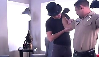Uniformed cop barebacking magician after getting wanked