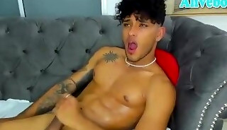 sexy colombian twink guy with tattoos jerks off his big dick
