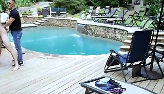 Poolside bareback quickie with the security guard