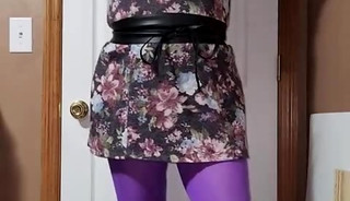 Gay crossdress tease, masturbate, cum on my purple nylon pantyhose.