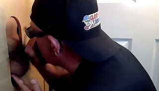 DILF mature sucking off and tugging two gloryhole dicks