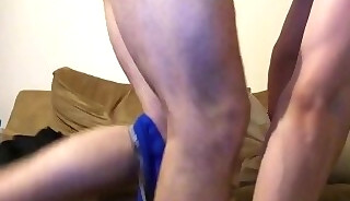 Stud with nice bulge cums in blue brief on couch