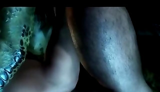 Chubby brunette bear riding this reptile creature's cock