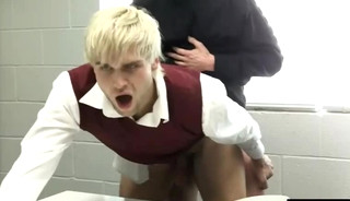 Blonde SchoolBoy bareback fucked over the desk