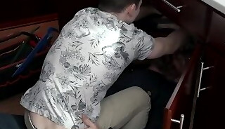 Big guy plumber Cain Marko fuck small guy Danny at the kitchen