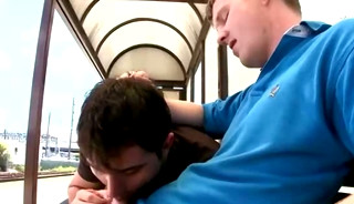 Gay teen gets sucked at a train toilet