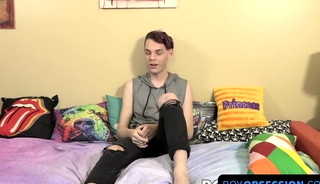 Lonely twink Max plays with his cock following an interview