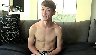 Excited twink wastes no time jerking off after the interview