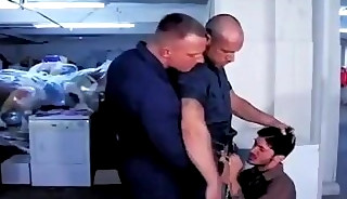 Boy by sears workers in the store's basement