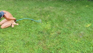 naked slave pig exposed outdoor in penis cage, handcuffed jumping with tied up testicles