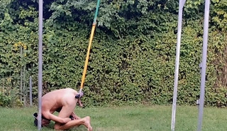 naked slave pig exposed outdoor party, handcuffed, testicles in humbler, BDSM CBT