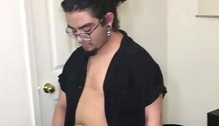 Chubby punk rocker jerks off his fat cock and cums in hands