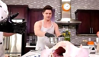 Sturdy bottom wanking while fistfucked in the kitchen