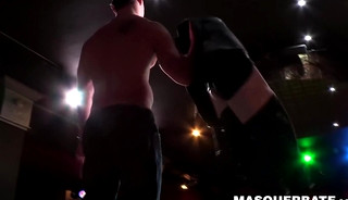 Muscular gay stripper takes off his clothes and masturbates