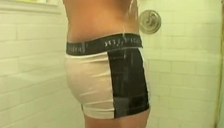 Three twinks service friend in a pool while wearing panties