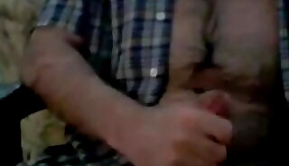 Hairy chest daddy jerking and shoot a nice load