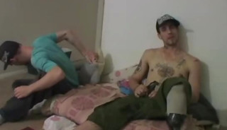 Tattooed young men drilling natural tits blonde hardcore